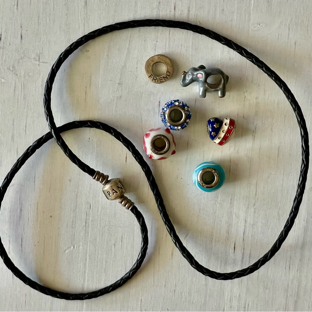 Pandora S925 ALE braided leather wrap bracelet /Necklace? and lot of six charms